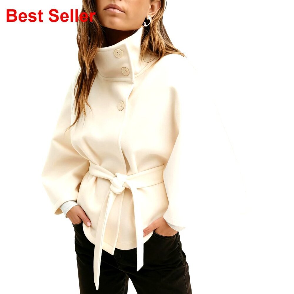 Women's Batwing Sleeve Poncho Cape Coat with Belt, Polyester Blend